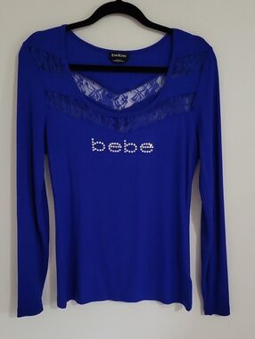 Vintage bebe Cobalt Blue Long Sleeve Lace-Trim Rhinestone Logo Top